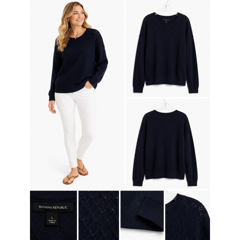 Banana Republic Sweater L Cotton Pointelle Textured Classic Workwear